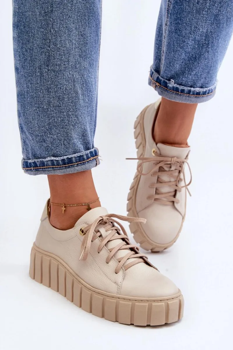 2919 Damskie Skórzane Półbuty Na Grubej Podeszwie Beżowe Damskie Półbuty Skórzane