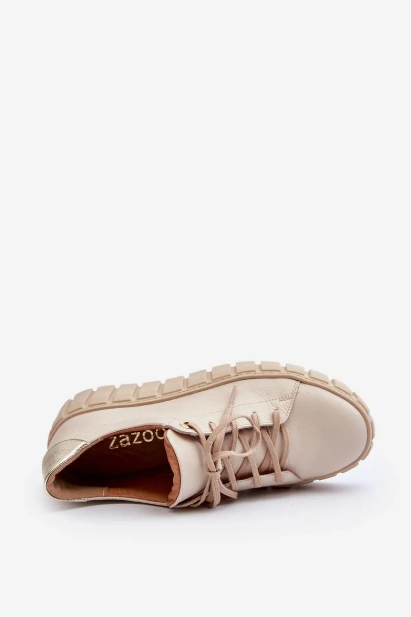 2919 Damskie Skórzane Półbuty Na Grubej Podeszwie Beżowe Damskie Półbuty Skórzane