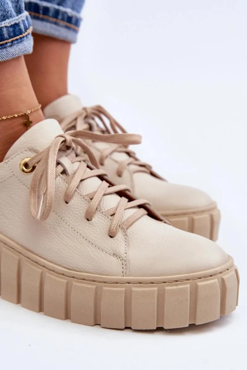 2919 Damskie Skórzane Półbuty Na Grubej Podeszwie Beżowe Damskie Półbuty Skórzane