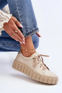 2919 Damskie Skórzane Półbuty Na Grubej Podeszwie Beżowe Damskie Półbuty Skórzane