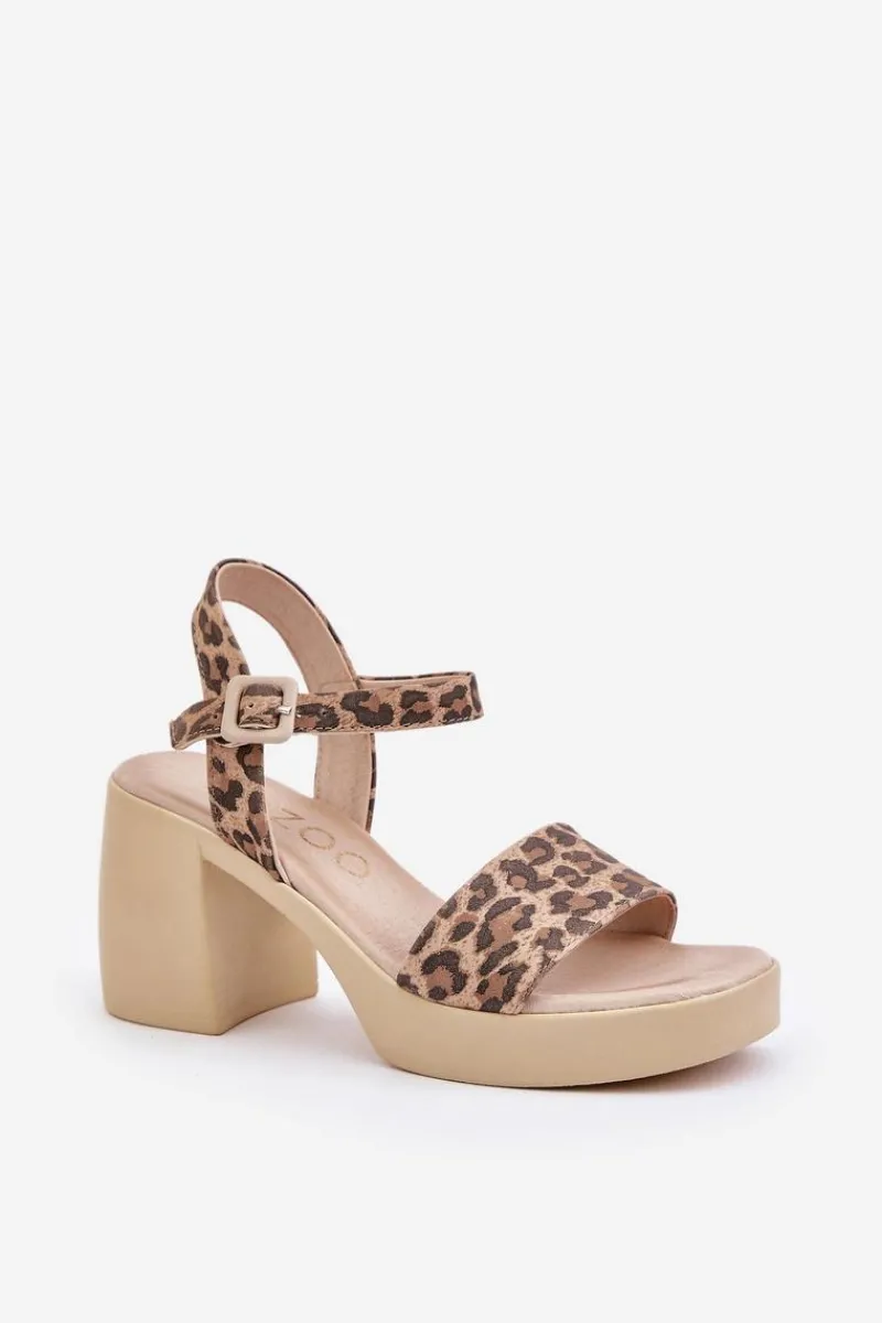 Sandały Na Obcasie>Zazoo 40386 Damskie Skórzane Sandały Na Klocku Panterka Brązowo-Beżowe Brązowy