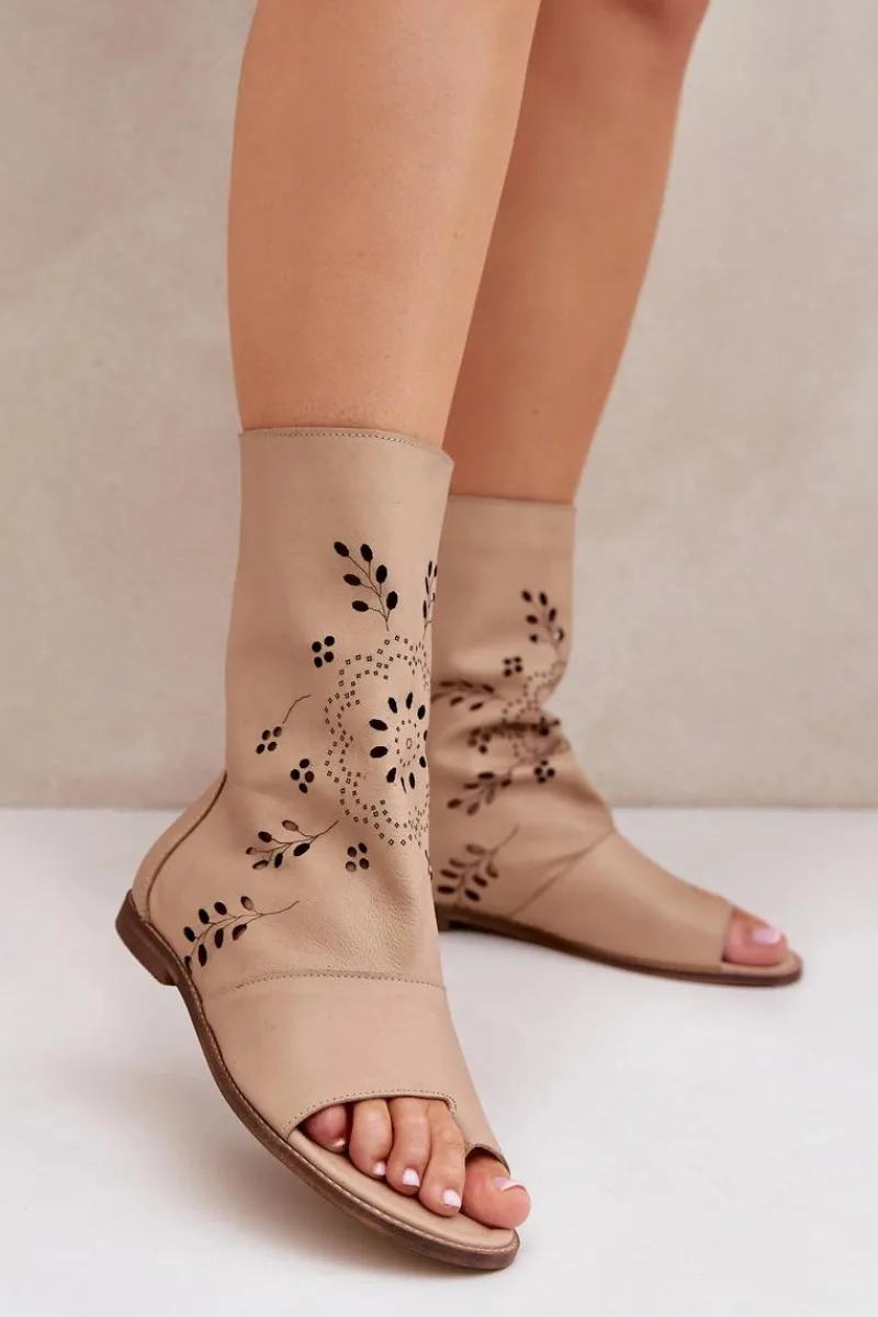 Online Boto Zazoo 3437 Damskie Skórzane Sandały Z Cholewką Na Zamek Beżowe Beżowy