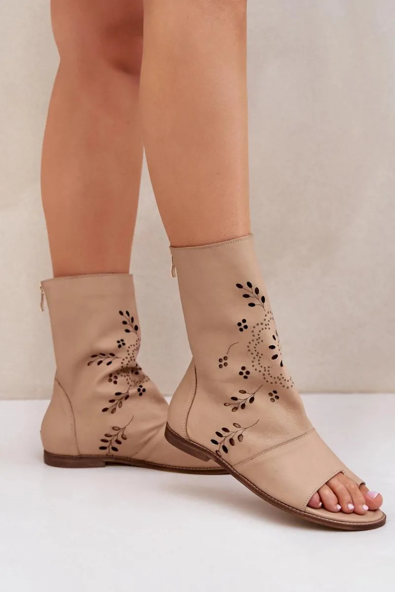 Online Boto Zazoo 3437 Damskie Skórzane Sandały Z Cholewką Na Zamek Beżowe Beżowy