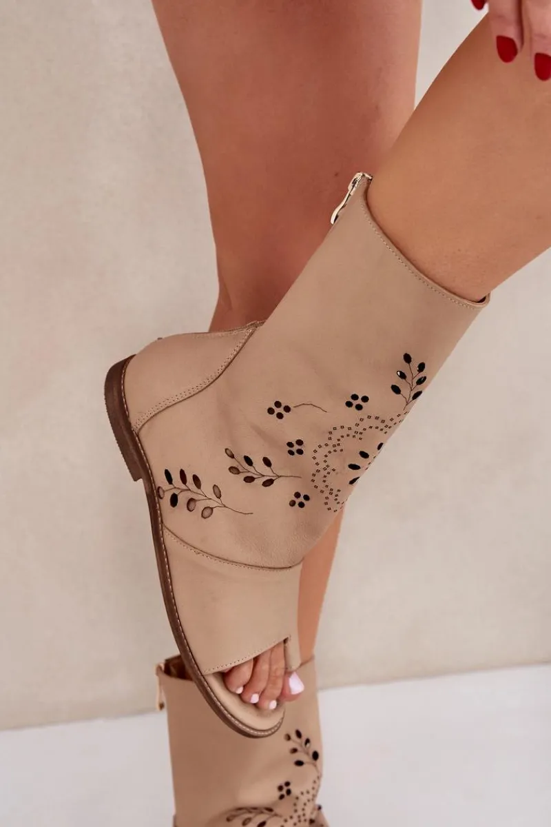 Online Boto Zazoo 3437 Damskie Skórzane Sandały Z Cholewką Na Zamek Beżowe Beżowy