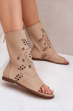 Online Boto Zazoo 3437 Damskie Skórzane Sandały Z Cholewką Na Zamek Beżowe Beżowy