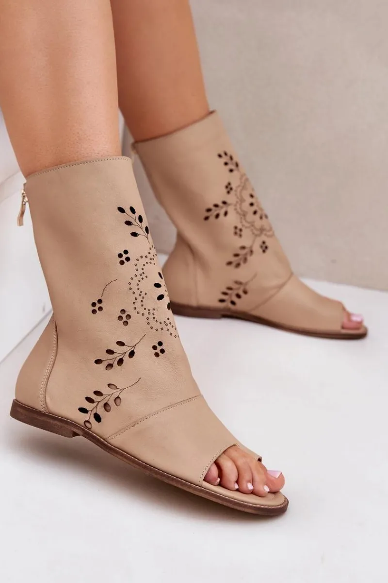 Online Boto Zazoo 3437 Damskie Skórzane Sandały Z Cholewką Na Zamek Beżowe Beżowy