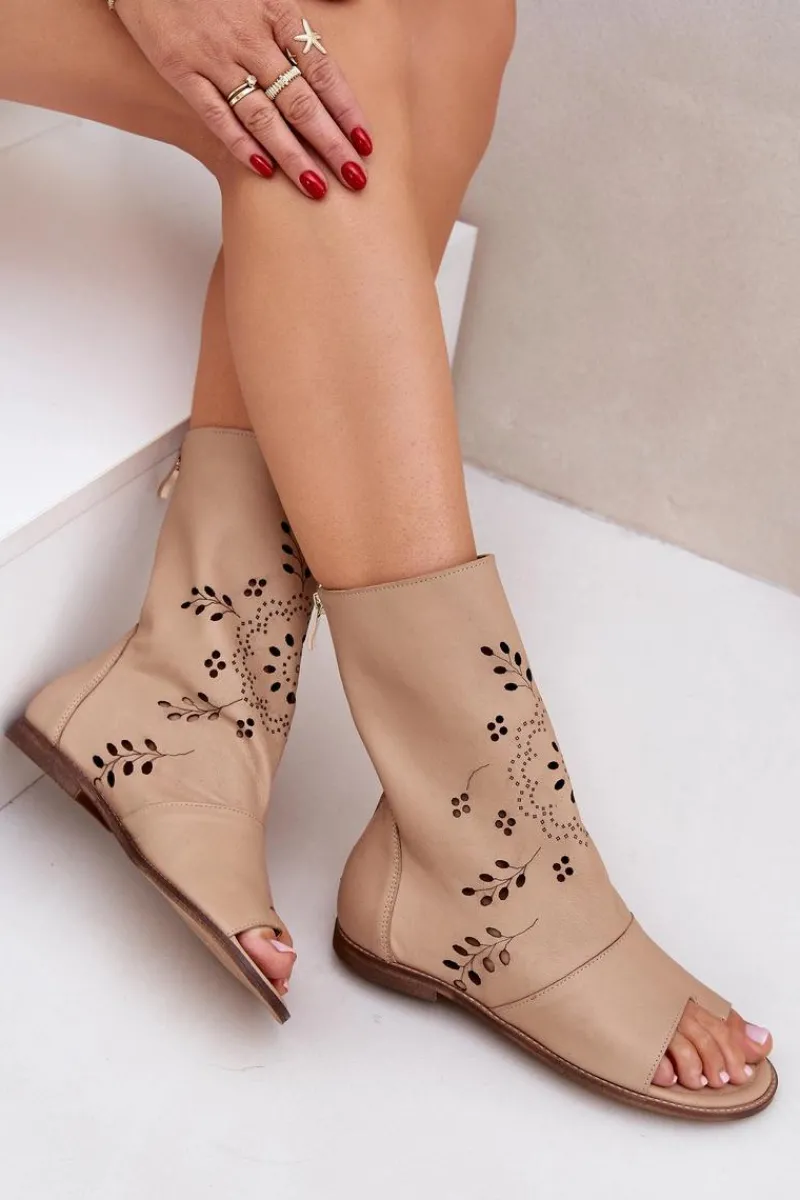 Online Boto Zazoo 3437 Damskie Skórzane Sandały Z Cholewką Na Zamek Beżowe Beżowy