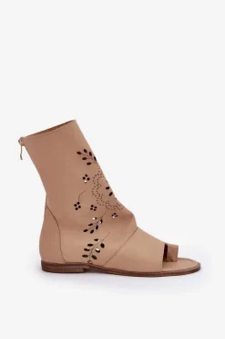 Online Boto Zazoo 3437 Damskie Skórzane Sandały Z Cholewką Na Zamek Beżowe Beżowy