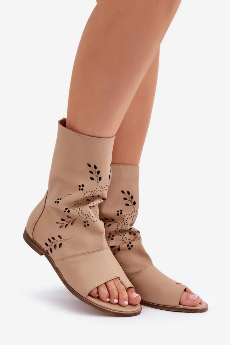 Online Boto Zazoo 3437 Damskie Skórzane Sandały Z Cholewką Na Zamek Beżowe Beżowy