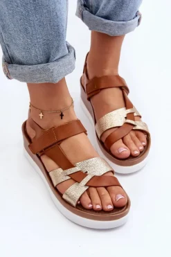 Zazoo 40397 Damskie Skórzane Sandały Na Platformie Brązowe Brązowy