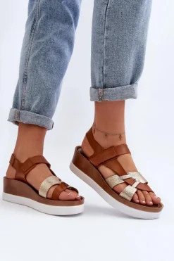 Zazoo 40397 Damskie Skórzane Sandały Na Platformie Brązowe Brązowy