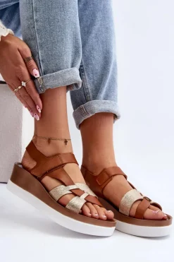 Zazoo 40397 Damskie Skórzane Sandały Na Platformie Brązowe Brązowy