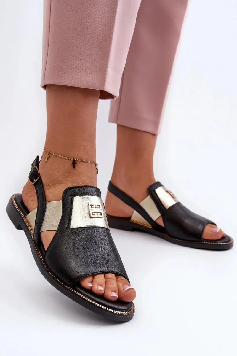 Online 40385 Damskie Skórzane Sandały Czarne Damskie Sandały Płaskie