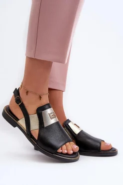 Online 40385 Damskie Skórzane Sandały Czarne Damskie Sandały Płaskie