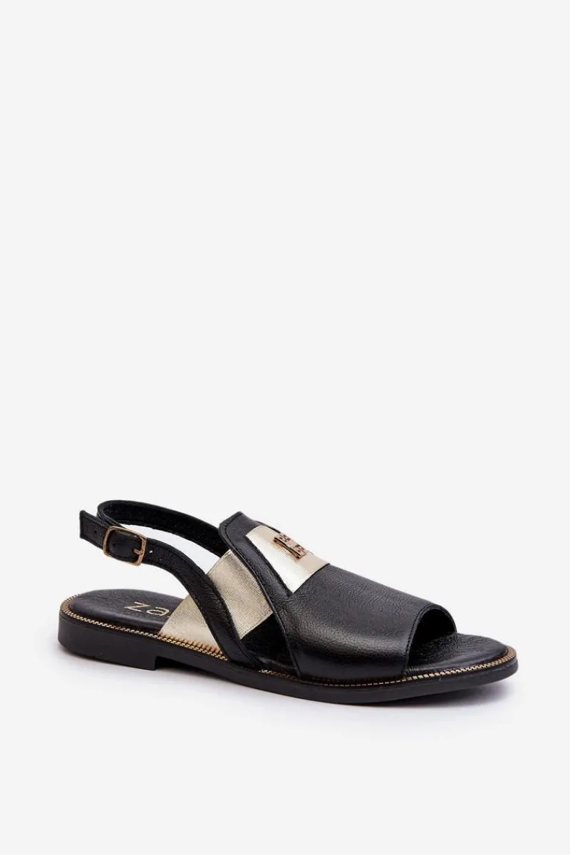 Online 40385 Damskie Skórzane Sandały Czarne Damskie Sandały Płaskie