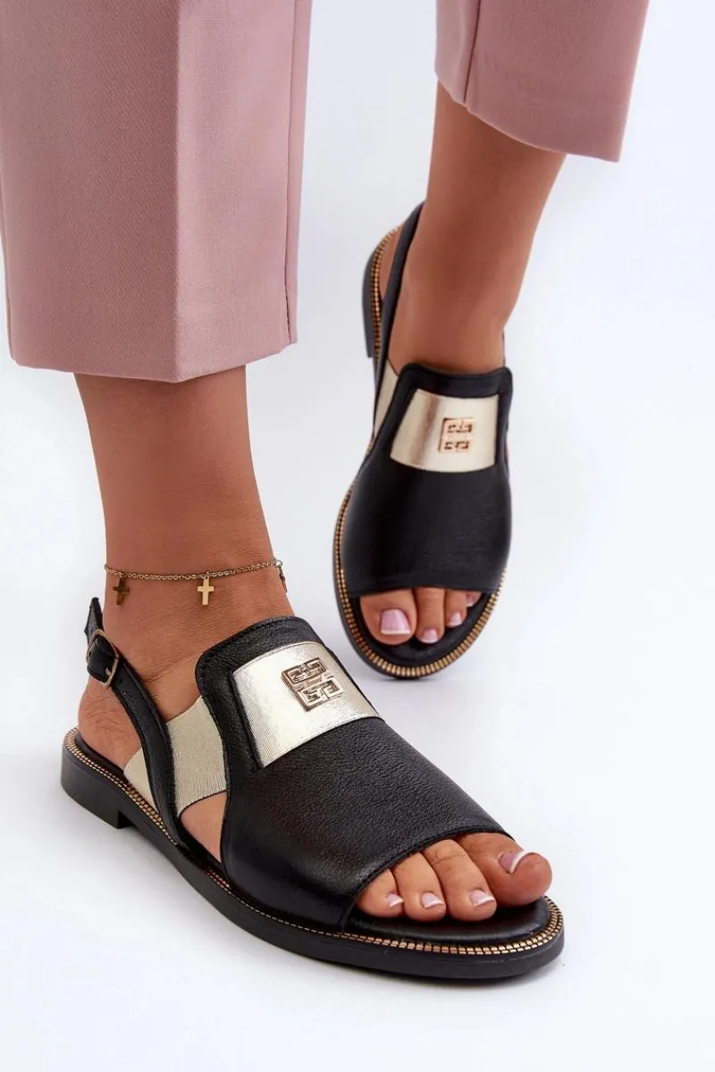 Online 40385 Damskie Skórzane Sandały Czarne Damskie Sandały Płaskie