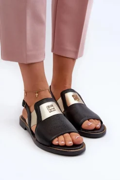 Online 40385 Damskie Skórzane Sandały Czarne Damskie Sandały Płaskie