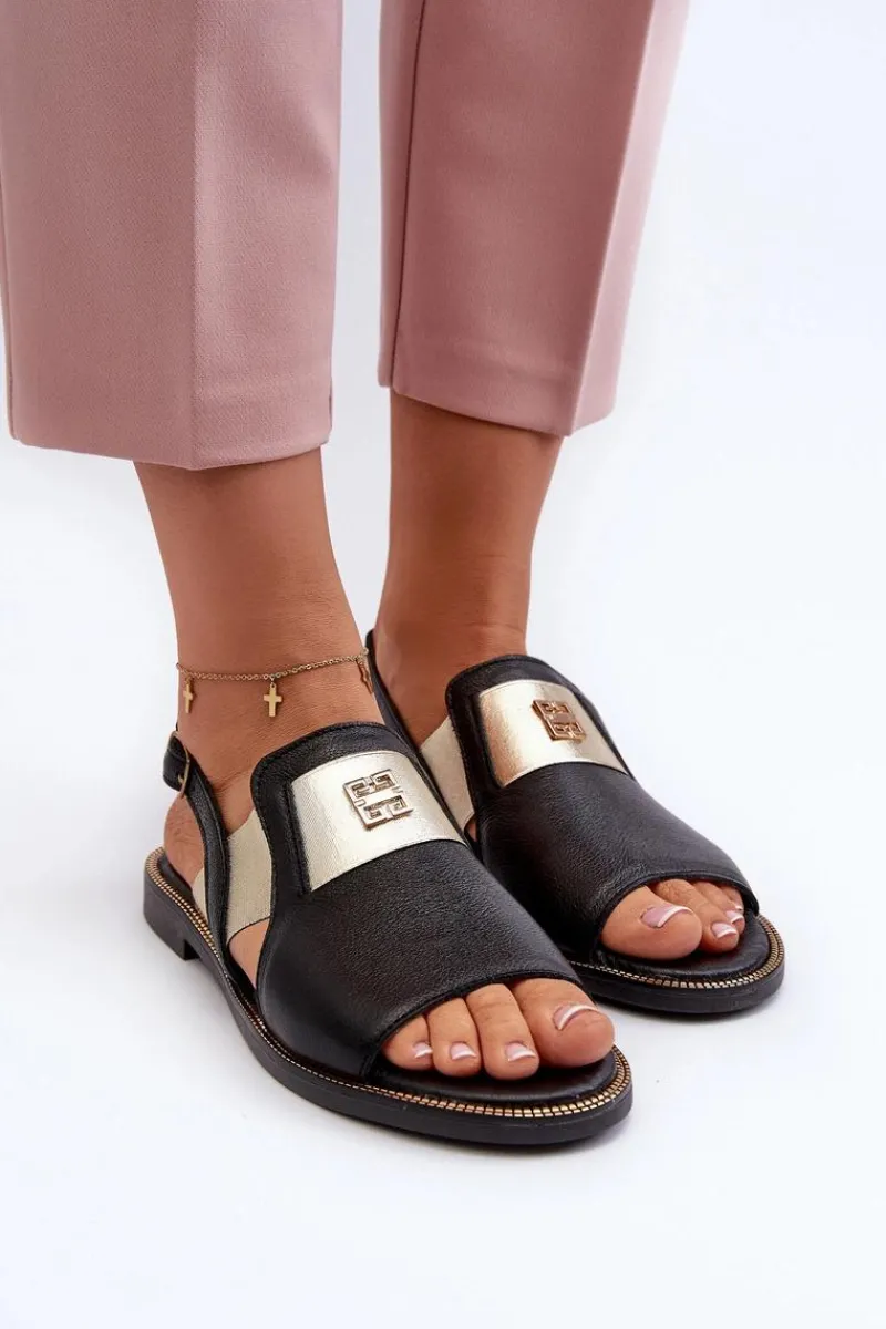 Online 40385 Damskie Skórzane Sandały Czarne Damskie Sandały Płaskie