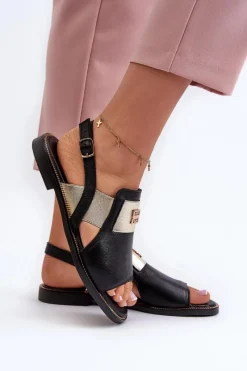 Online 40385 Damskie Skórzane Sandały Czarne Damskie Sandały Płaskie