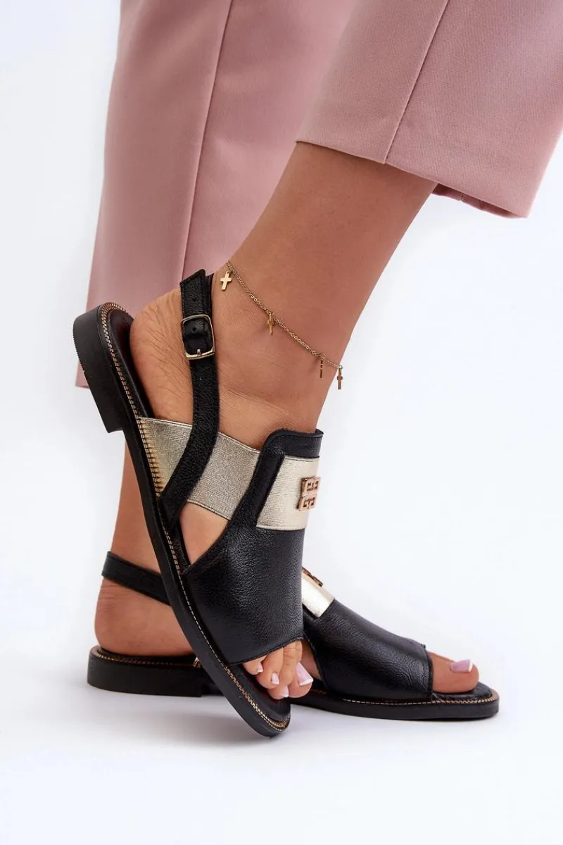 Online 40385 Damskie Skórzane Sandały Czarne Damskie Sandały Płaskie