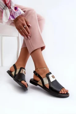 Online 40385 Damskie Skórzane Sandały Czarne Damskie Sandały Płaskie