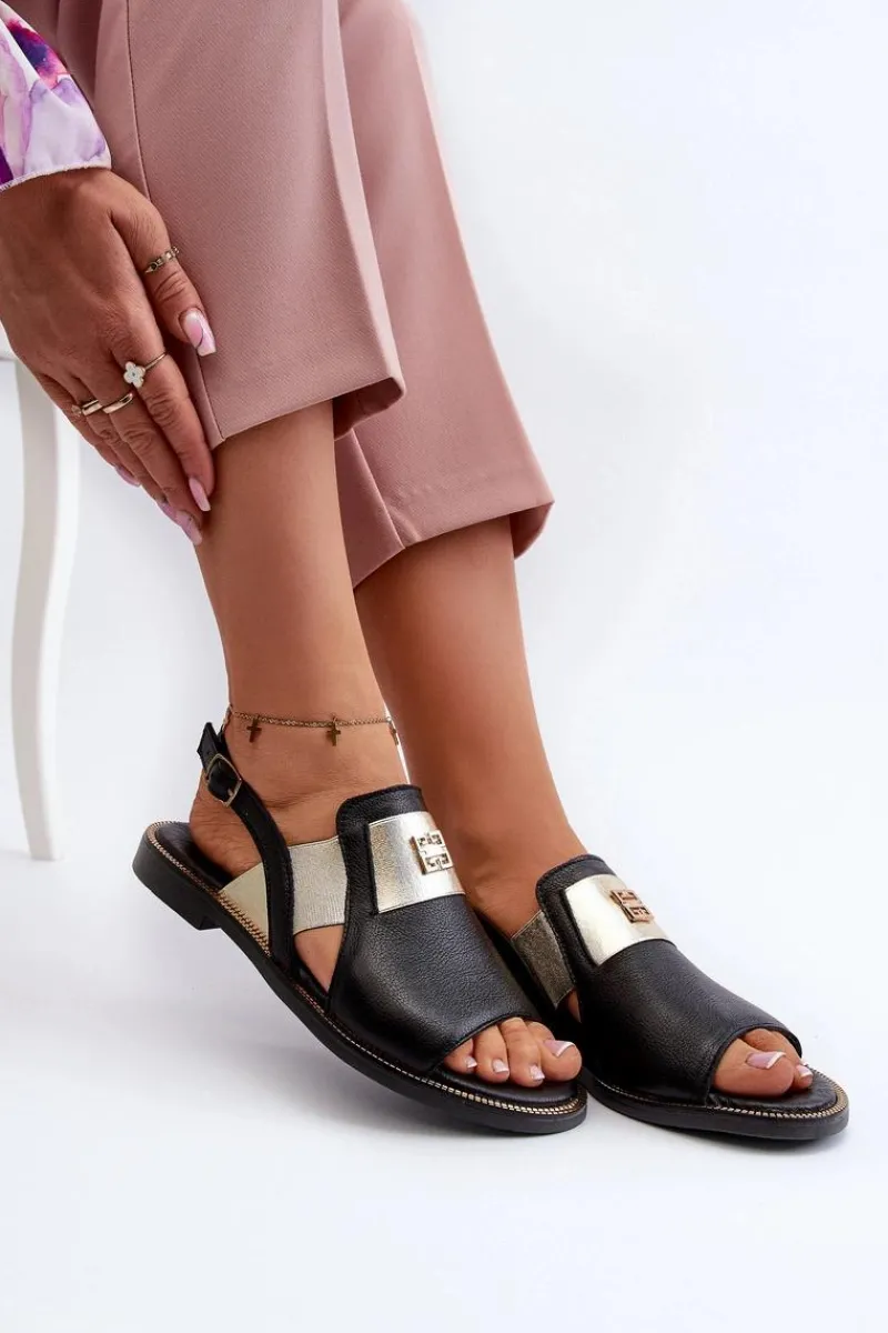 Online 40385 Damskie Skórzane Sandały Czarne Damskie Sandały Płaskie