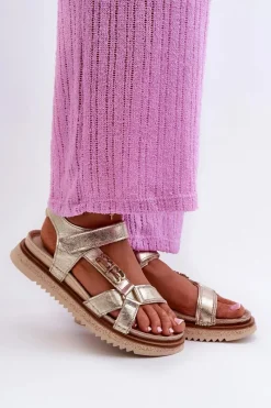 Sandały Płaskie>Maciejka Zazoo 50103 Damskie Skórzane Sandały Na Platformie Złote