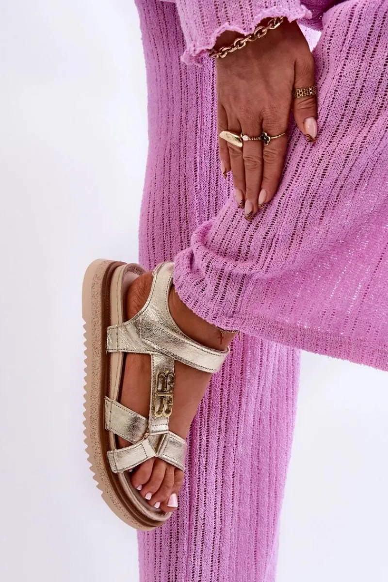 Sandały Płaskie>Maciejka Zazoo 50103 Damskie Skórzane Sandały Na Platformie Złote