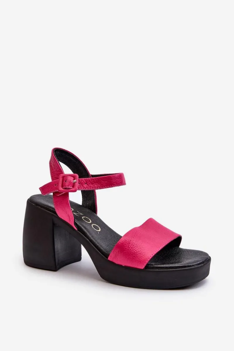 Sandały Na Obcasie>Zazoo 40386 Damskie Skórzane Sandały Na Klocku Fuksja Różowy