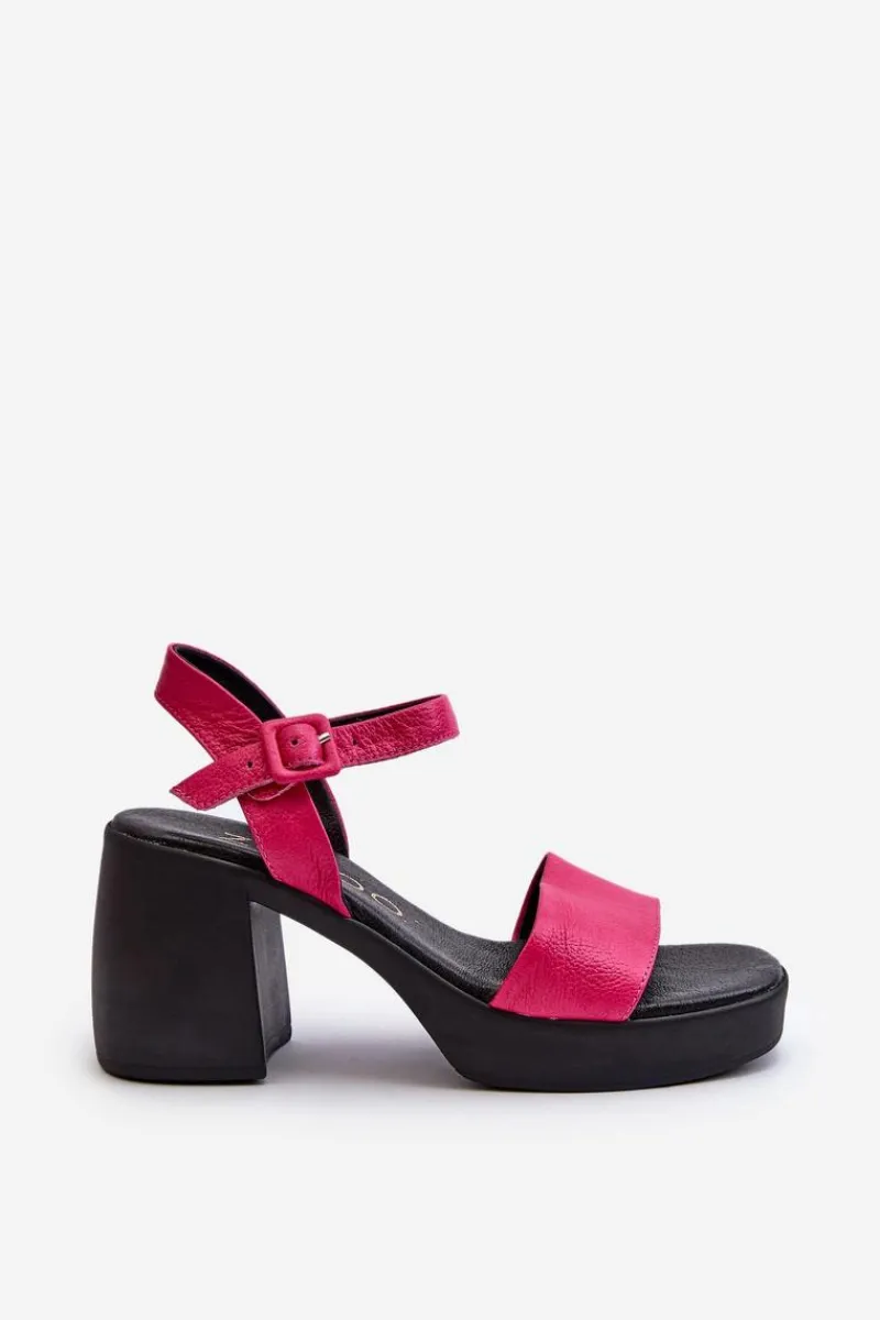 Sandały Na Obcasie>Zazoo 40386 Damskie Skórzane Sandały Na Klocku Fuksja Różowy