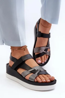 Sandały Na Koturnie|Sandały Płaskie>Zazoo 40397 Damskie Skórzane Sandały Na Platformie Czarne Czarny