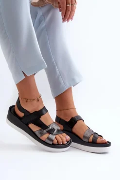 Sandały Na Koturnie|Sandały Płaskie>Zazoo 40397 Damskie Skórzane Sandały Na Platformie Czarne Czarny