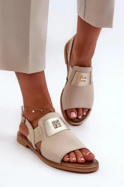Clearance 40385 Damskie Skórzane Sandały Beżowe Damskie Sandały Płaskie