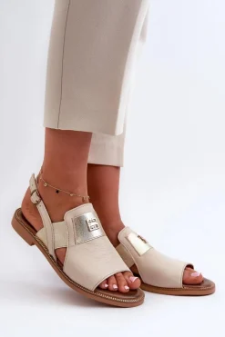 Clearance 40385 Damskie Skórzane Sandały Beżowe Damskie Sandały Płaskie