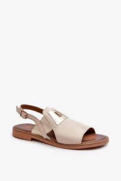 Clearance 40385 Damskie Skórzane Sandały Beżowe Damskie Sandały Płaskie