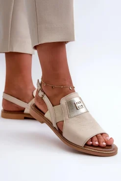 Clearance 40385 Damskie Skórzane Sandały Beżowe Damskie Sandały Płaskie
