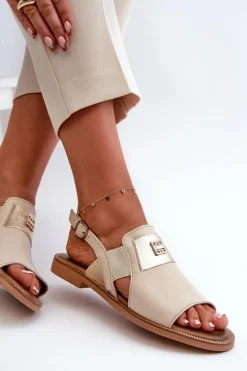 Clearance 40385 Damskie Skórzane Sandały Beżowe Damskie Sandały Płaskie