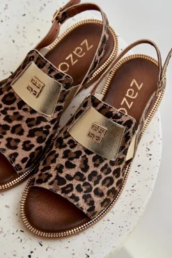 Clearance 40385 Damskie Skórzane Sandały W Panterkę Brązowe Damskie Sandały Z Cholewką|Sandały Płaskie