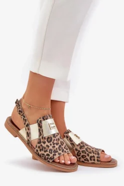 Clearance 40385 Damskie Skórzane Sandały W Panterkę Brązowe Damskie Sandały Z Cholewką|Sandały Płaskie