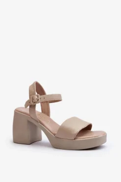 Outlet Zazoo 40386 Damskie Skórzane Sandały Na Klocku Beżowe Beżowy