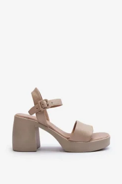 Outlet Zazoo 40386 Damskie Skórzane Sandały Na Klocku Beżowe Beżowy