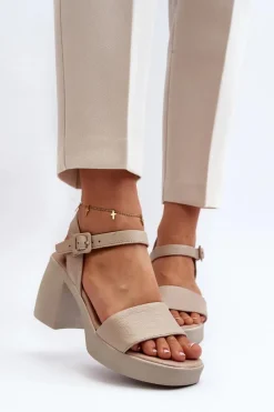 Outlet Zazoo 40386 Damskie Skórzane Sandały Na Klocku Beżowe Beżowy