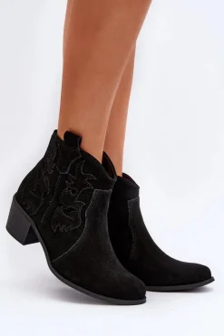 Outlet Zazoo 3426 Damskie Zamszowe Botki Kowbojki Czarne Czarny