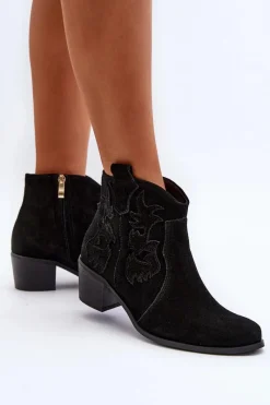 Outlet Zazoo 3426 Damskie Zamszowe Botki Kowbojki Czarne Czarny