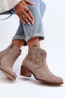 Clearance 3426 Damskie Zamszowe Botki Kowbojki Cappucino Damskie Botki Skórzane|Botki Na Słupku