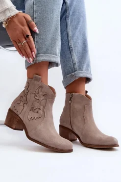 Clearance 3426 Damskie Zamszowe Botki Kowbojki Cappucino Damskie Botki Skórzane|Botki Na Słupku