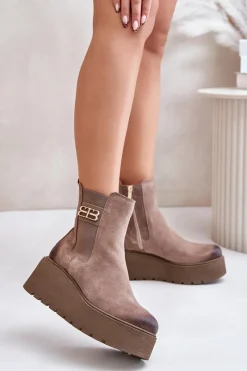 Botki Ocieplane|Botki Skórzane>Zazoo 60498 Damskie Zamszowe Botki Sztyblety Na Platformie I Koturnie Beżowe Beżowy