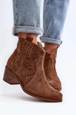 Best Zazoo 3426 Damskie Zamszowe Botki Kowbojki Brązowe