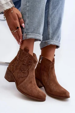 Best Zazoo 3426 Damskie Zamszowe Botki Kowbojki Brązowe