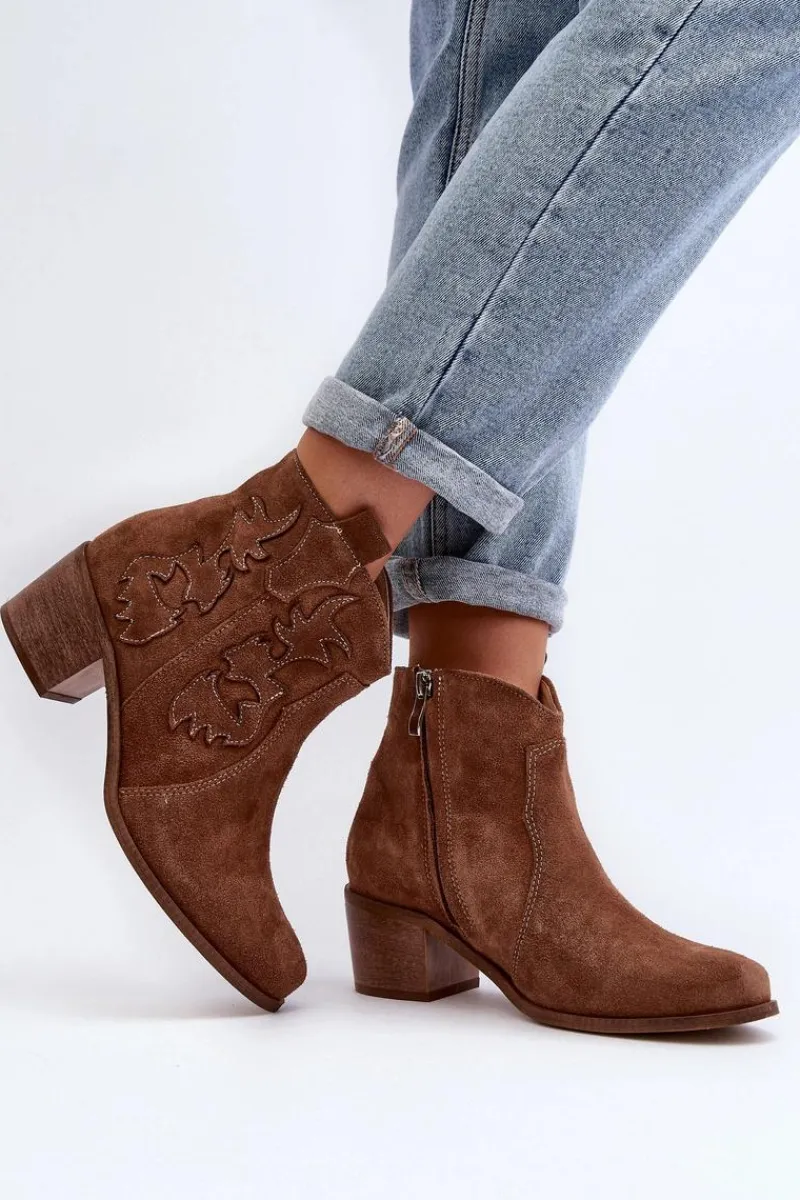 Best Zazoo 3426 Damskie Zamszowe Botki Kowbojki Brązowe